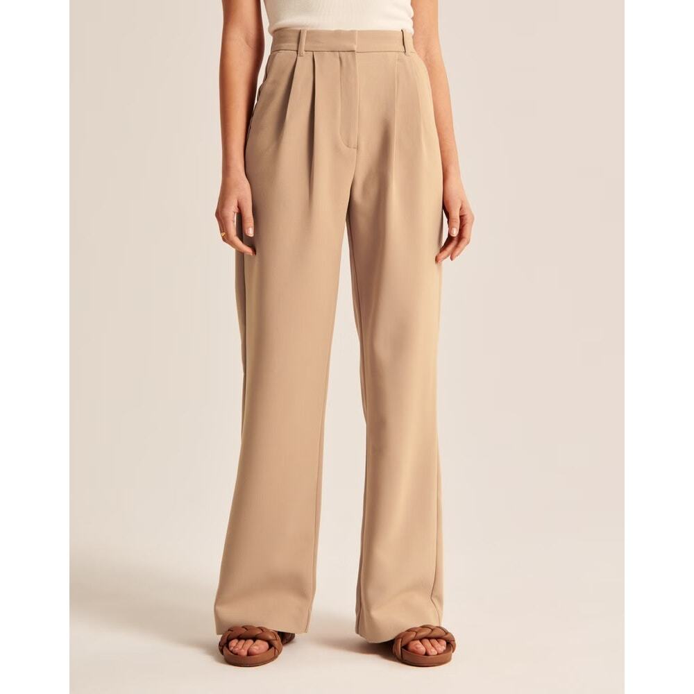 Abercrombie & Fitch Wide Leg Pleated Trousers in Beige